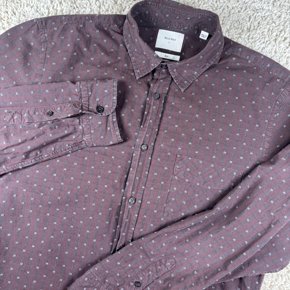 Billy Reid Mens Button Up Shirt L Maroon Dobby Dot Slim Fit Long Sleeve Luxury‎